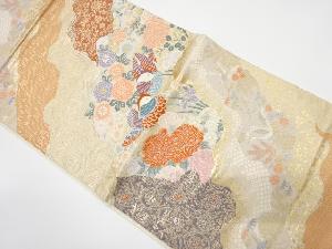 道長取りに鴛鴦・草花模様織り出し　袋帯